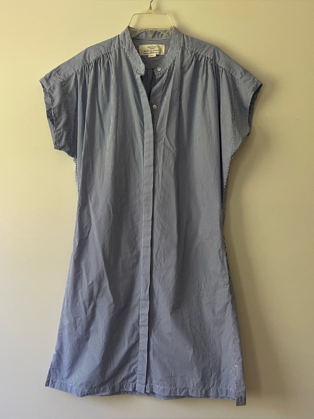 Trovata Birds of Paradise Shirt Dress Small Blue Stripe Coastal Cotton Pockets